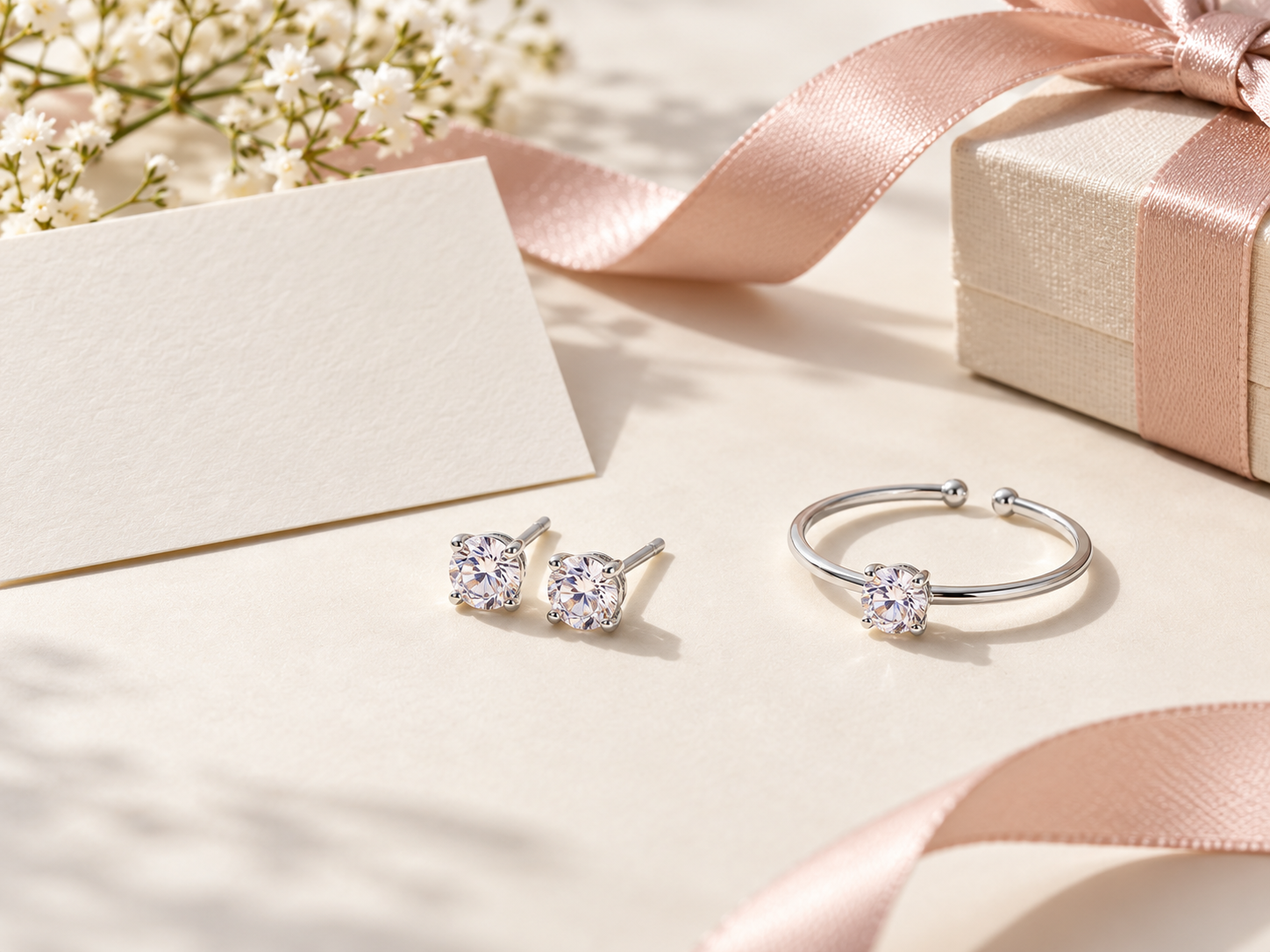 Selección de aros pequeños y anillos en una caja de regalo clara